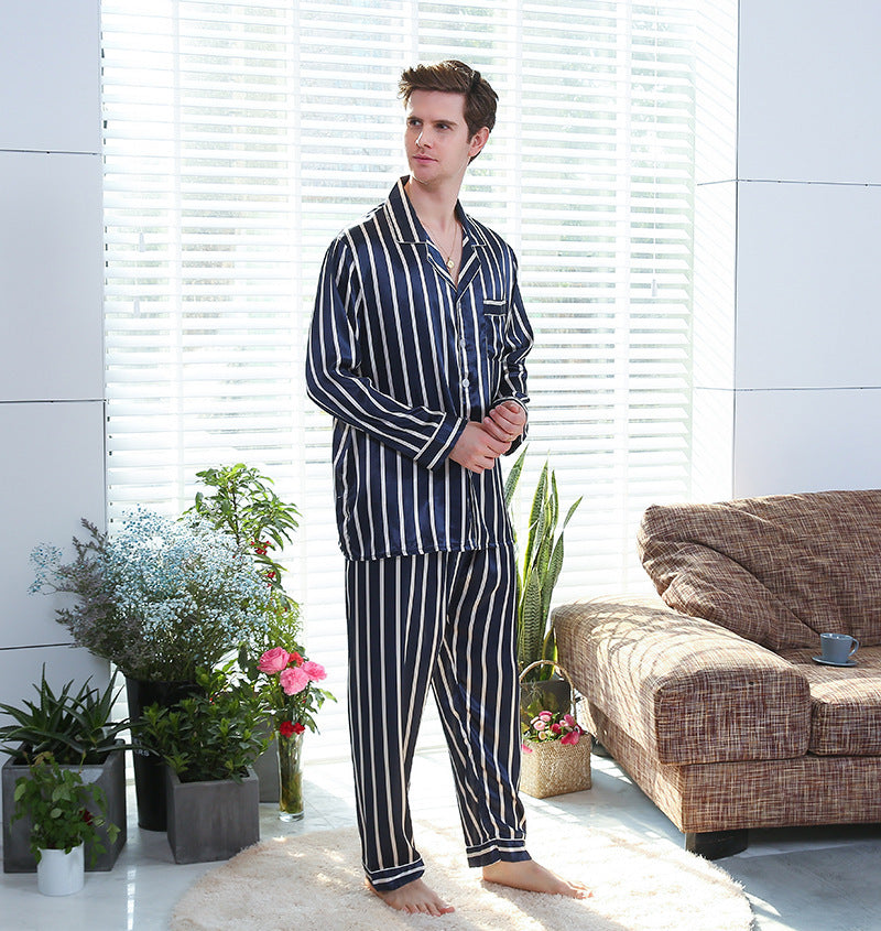 Men’s Striped Silk-Feel Pajamas – Cozy Fall Nightwear