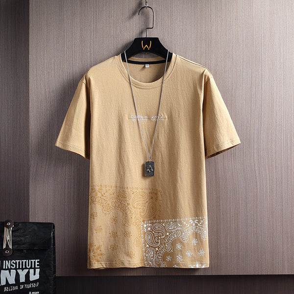 Men's T-Shirts - Geometric Print | Short Sleeve, Round Neck in beige with white paisley print, casual youth fashion top for summer.