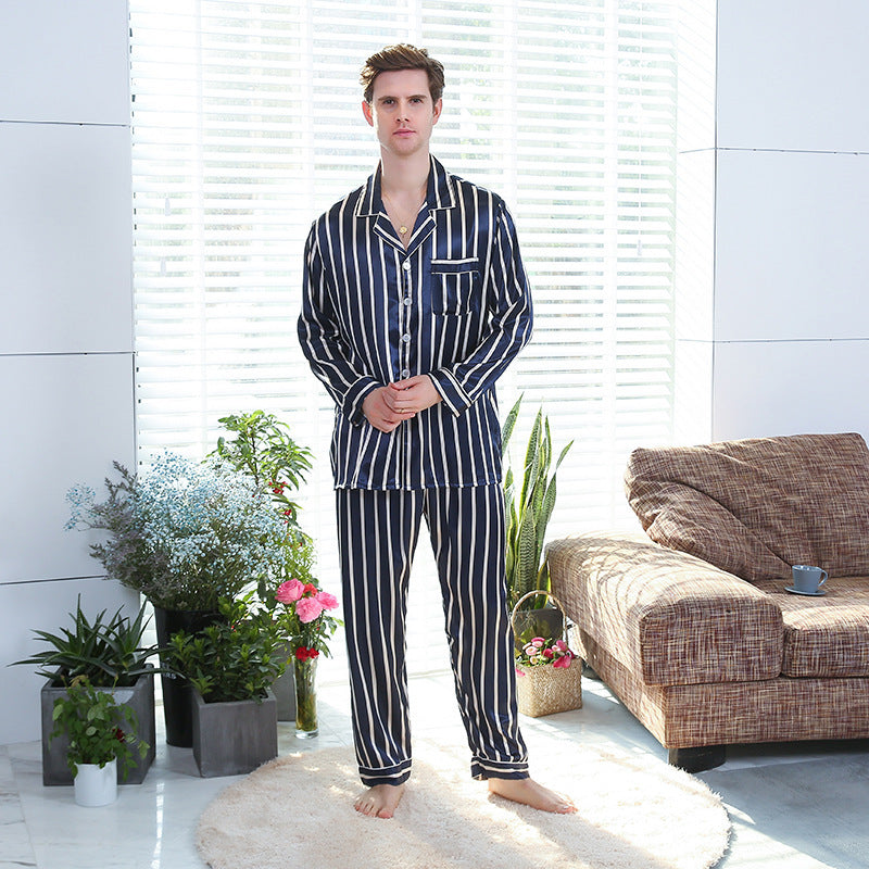 Men’s Striped Silk-Feel Pajamas – Cozy Fall Nightwear
