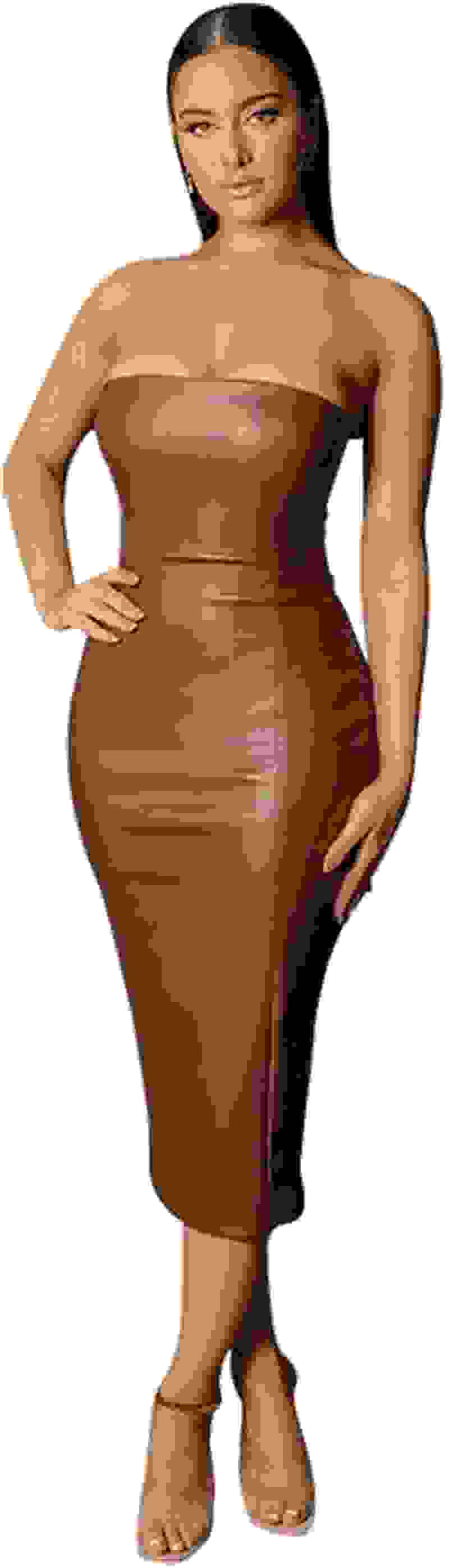 Women Sexy Strapless Tube Top Club Midi Dress off Shoulder Bodycon Party Faux Leather Dress

