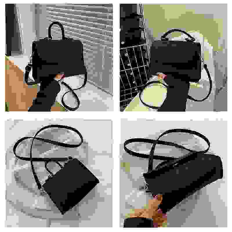 Collage of black leather small square crossbody bag from multiple angles, highlighting its structure and functionality.
