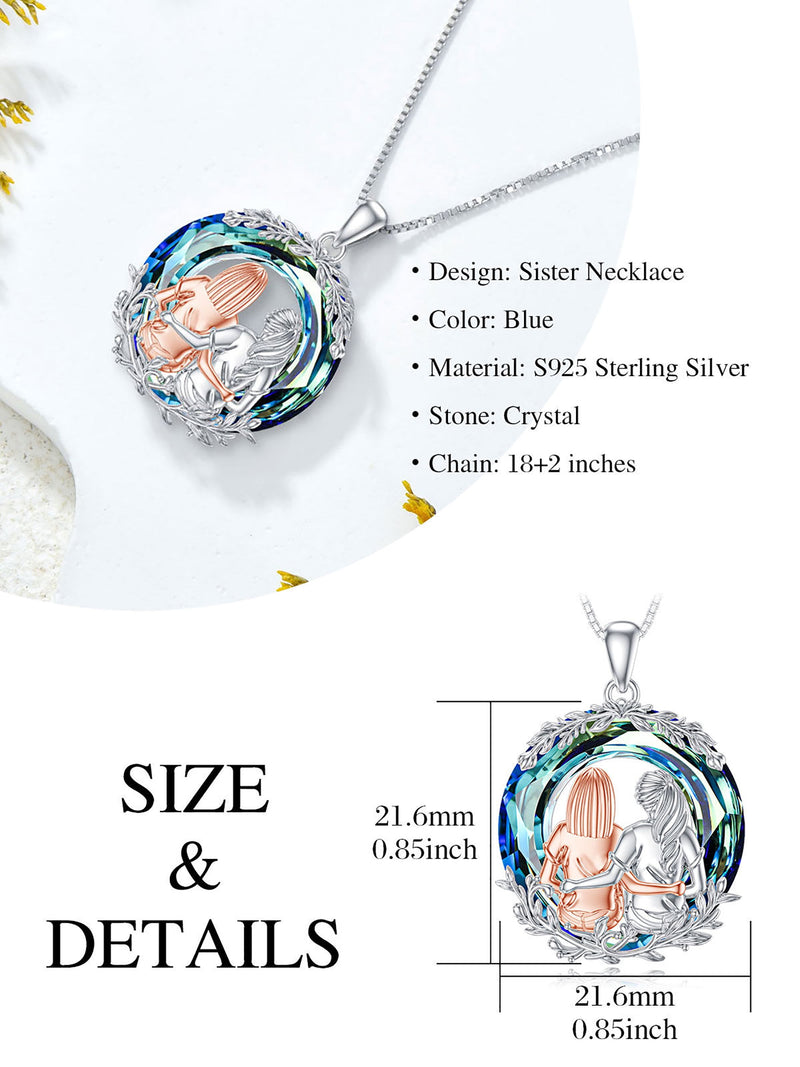 Birthday Gifts for Sister Sterling Silver Two Sister Sit and Hug Necklaces with Circle Blue Crystal Sister Birthday Anniversary Gifts for Women