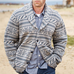 Men’s Thick Jacquard Knit Wool Cardigan – Lapel Collar Long Sleeve Winter Coat