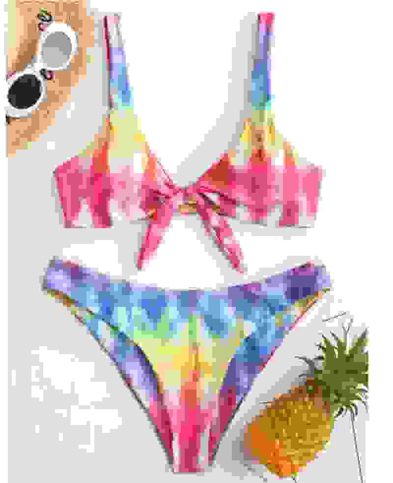 Rainbow tie-dye padded bikini set with front tie. Colorful padded biquini bathers for women’s beachwear.