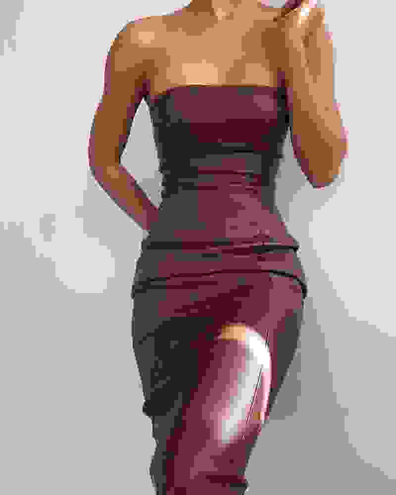 Women Sexy Strapless Tube Top Club Midi Dress off Shoulder Bodycon Party Faux Leather Dress
