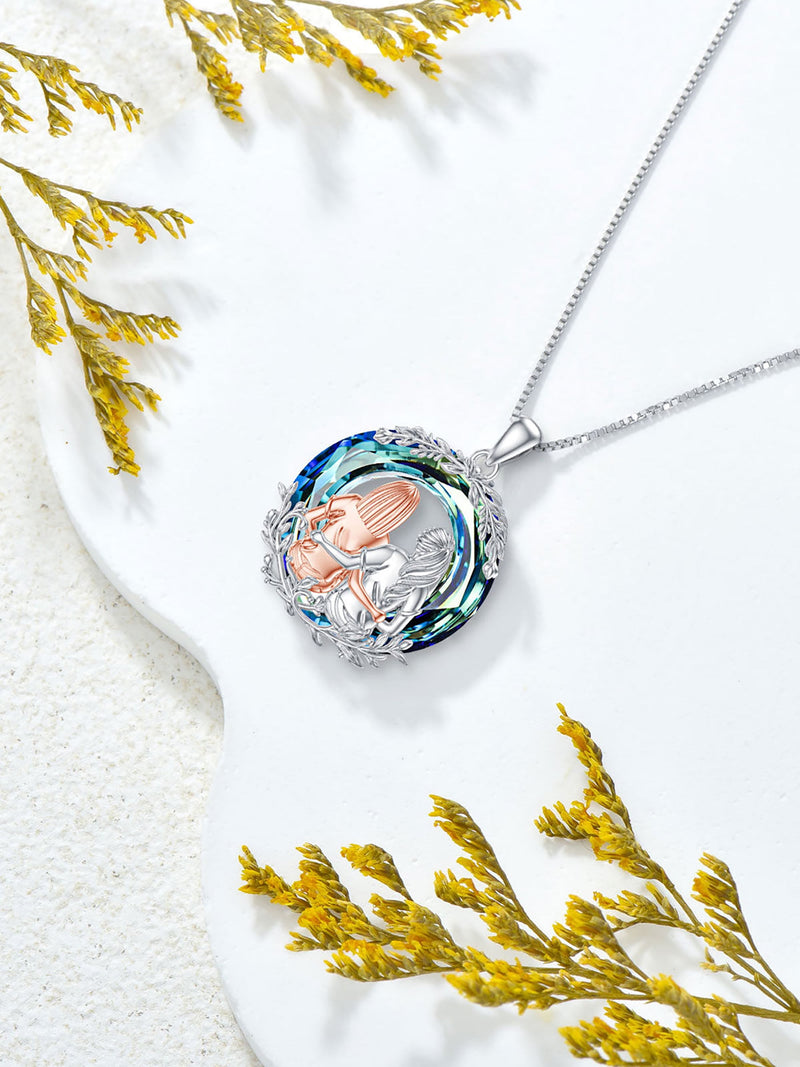 Birthday Gifts for Sister Sterling Silver Two Sister Sit and Hug Necklaces with Circle Blue Crystal Sister Birthday Anniversary Gifts for Women