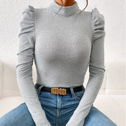 Women's Solid Color High Neck Long Sleeve T-shirt