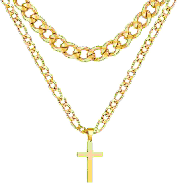 Layered Gold Cross Necklaces for Men Stainless Steel Cuban Curb Link Figaro Pendant Chain Necklaces Set Graduation Father'S Day Jewelry Gifts Ideas Dad Husband Son Teen Teenage Age