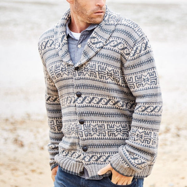 Men’s Thick Jacquard Knit Wool Cardigan – Lapel Collar Long Sleeve Winter Coat