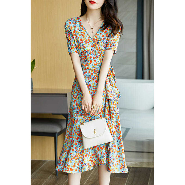 Modelyn Women's Elegant Woven Floral Print Square Neck Cinched Waist Bodycon Slit Dress
