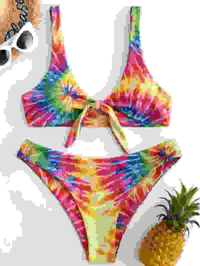 Rainbow tie-dye padded bikini set with front knot. Vibrant padded biquini bathers for women’s beachwear.