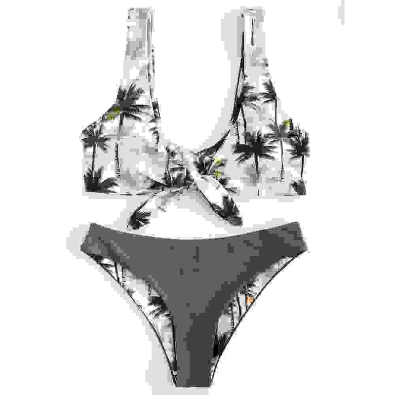 Palm tree print bikini top with gray padded bikini bottom. Stylish padded biquini for women’s tropical swimwear.