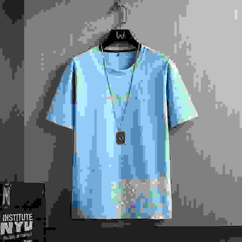 Men's T-Shirts - Geometric Print | Short Sleeve, Round Neck in light blue with white paisley print, trendy casual top for men.