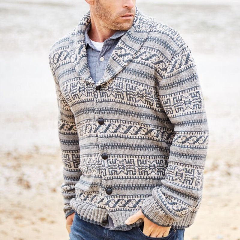 Men’s Thick Jacquard Knit Wool Cardigan – Lapel Collar Long Sleeve Winter Coat