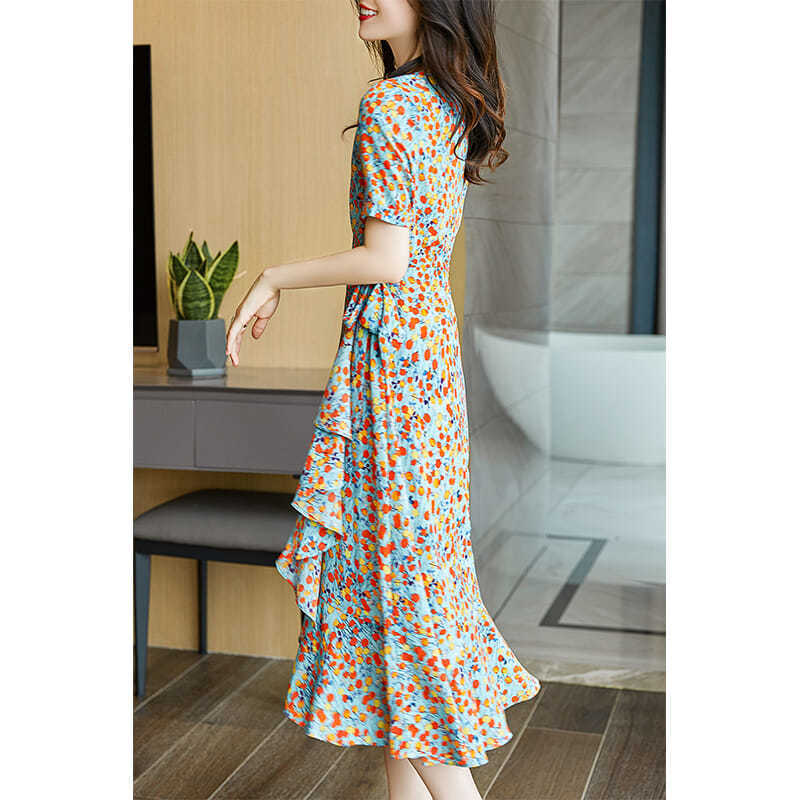 Modelyn Women's Elegant Woven Floral Print Square Neck Cinched Waist Bodycon Slit Dress
