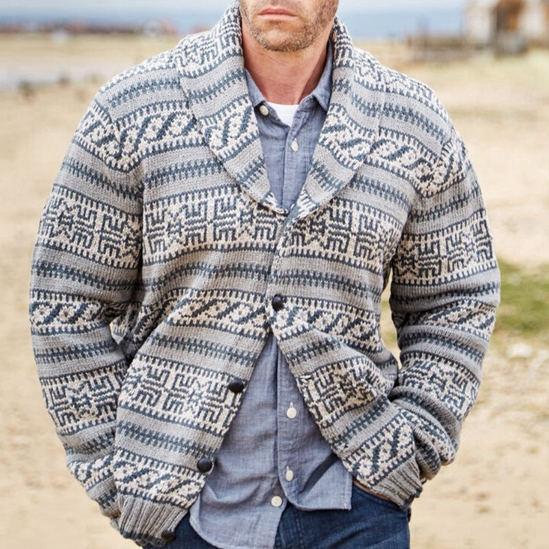 Men’s Thick Jacquard Knit Wool Cardigan – Lapel Collar Long Sleeve Winter Coat