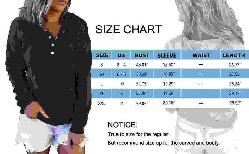Half Boutton Womens Hoodies Drawstring Hooded Sweatshirts for Woman with Pocket