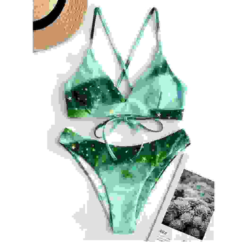 Green galaxy print padded bikini set with tie front. Sexy bandage bathing suit for women’s summer swimwear.