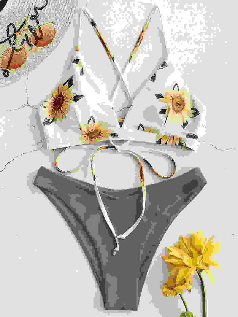 Sunflower printed padded bikini top with gray bikini bottom. Chic padded biquini bathers for fashionable women's swimwear.