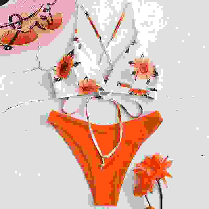 Sunflower print bikini top with orange padded bikini bottom. Sexy bandage bathing suit for women’s summer swimwear.