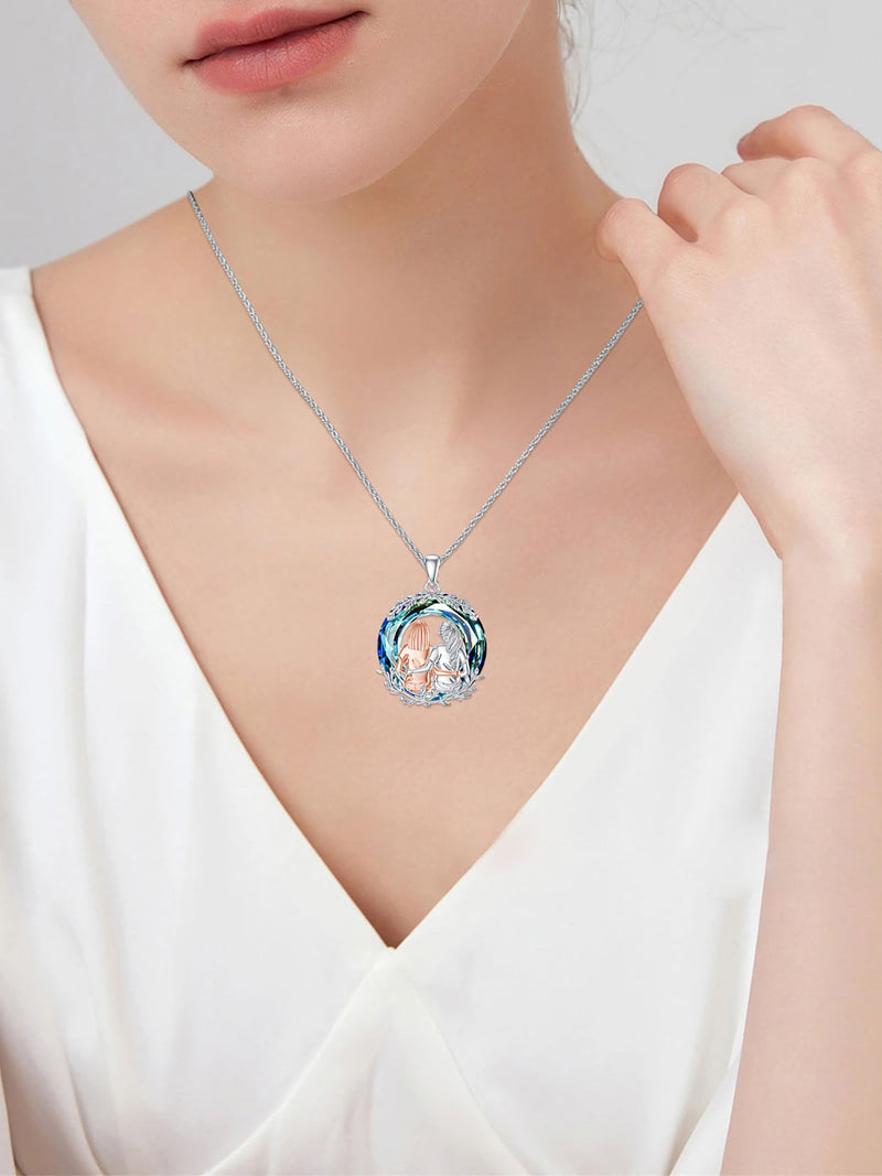 Birthday Gifts for Sister Sterling Silver Two Sister Sit and Hug Necklaces with Circle Blue Crystal Sister Birthday Anniversary Gifts for Women