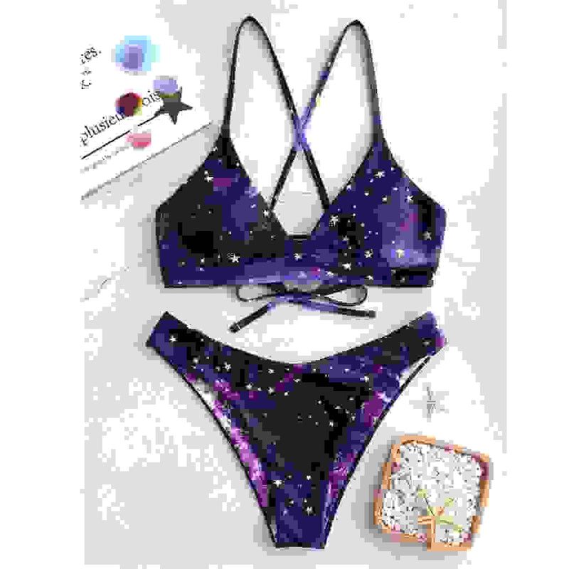 Purple galaxy print padded bikini set with star pattern. Trendy padded biquini bathers for women’s swimwear.