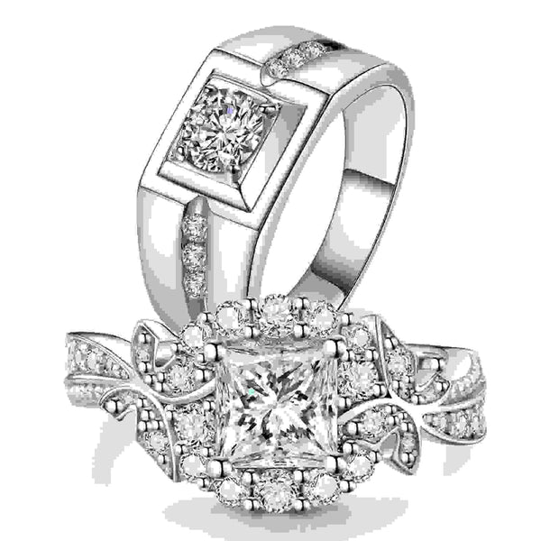 Matching Rings Couple Rings 10Kt White Gold Plated CZ Wedding Ring for Women Men Ring