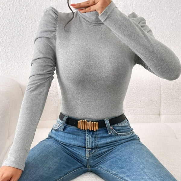 Women's Solid Color High Neck Long Sleeve T-shirt