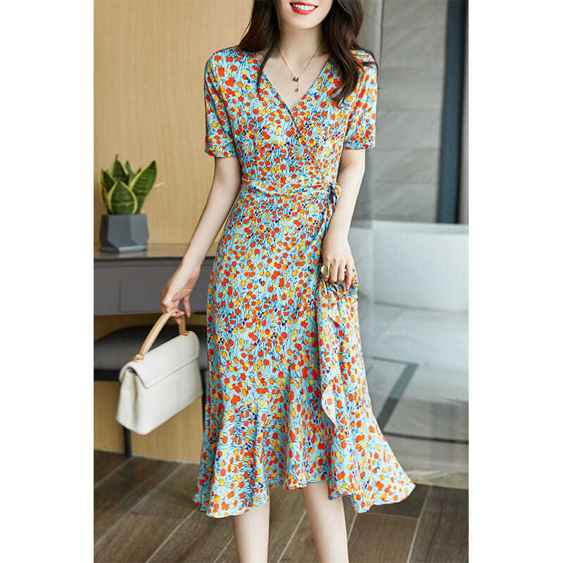 Modelyn Women's Elegant Woven Floral Print Square Neck Cinched Waist Bodycon Slit Dress
