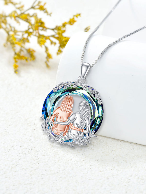 Birthday Gifts for Sister Sterling Silver Two Sister Sit and Hug Necklaces with Circle Blue Crystal Sister Birthday Anniversary Gifts for Women