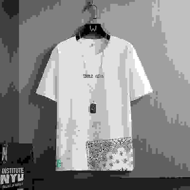 Men's T-Shirts - Geometric Print | Short Sleeve, Round Neck in white with black paisley print, modern loose-fit men's clothing.