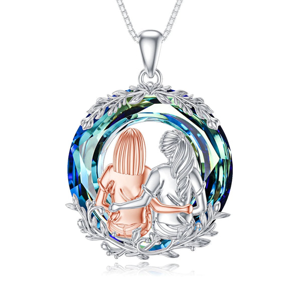 Birthday Gifts for Sister Sterling Silver Two Sister Sit and Hug Necklaces with Circle Blue Crystal Sister Birthday Anniversary Gifts for Women